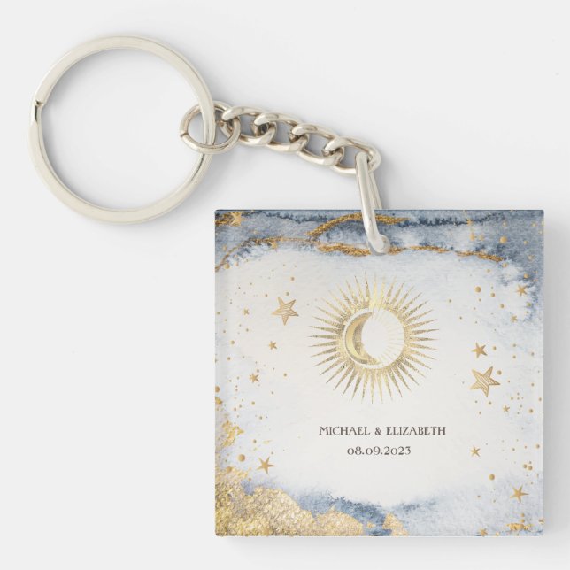 Porte-clefs Soleil, Lune, Étoiles Célestes Aquarelle (Devant)