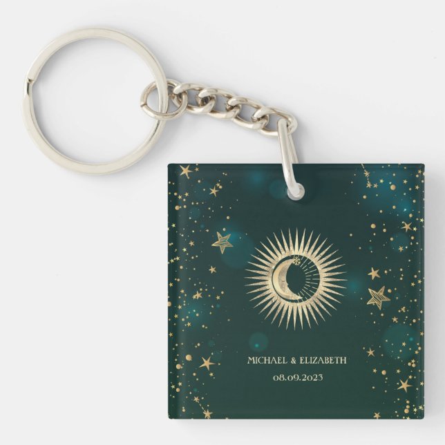 Porte-clefs Soleil Or Céleste Et Étoiles Lune Vert (Devant)