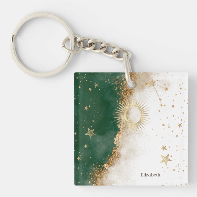 Porte-clefs Soleil Or Céleste Et Étoiles Lune Vert (Devant)