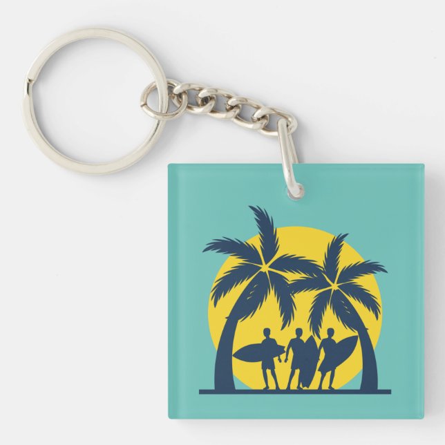 Porte-clefs Soleil surf et palmiers surf cool (Devant)