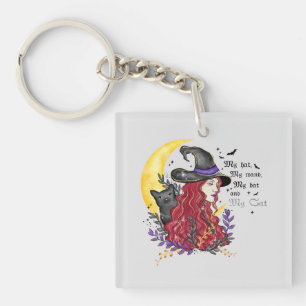Porte-clefs Sorcière, chat noir et lune de croissant
