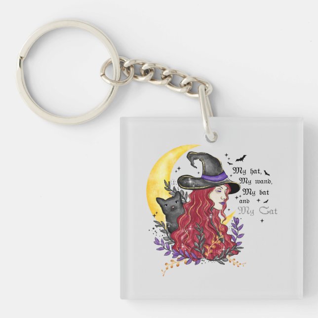 Porte-clefs Sorcière, chat noir et lune de croissant (Devant)