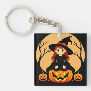 Porte-clefs Sorcière dans un décor d'Halloween avec des citrou