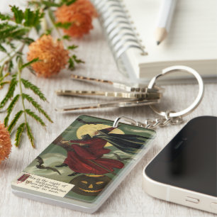 Porte-clefs Sorcière de Halloween vintage chevauchant un balai