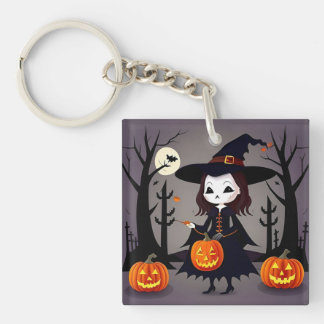 Porte-clefs Sorcière d'Halloween avec citrouilles