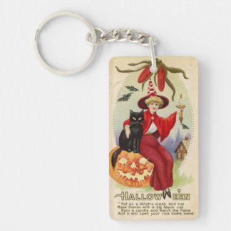 Porte-clefs Sorcière d'Halloween vintage et chat noir