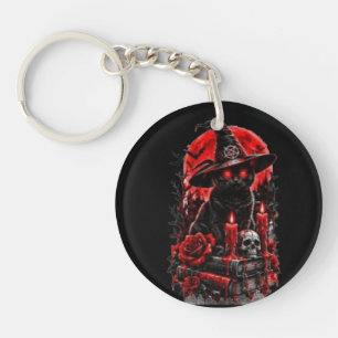 Porte-clefs Sorcière gothique chat noir Halloween crâne bougie