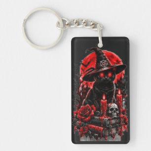Porte-clefs Sorcière gothique chat noir Halloween crâne bougie