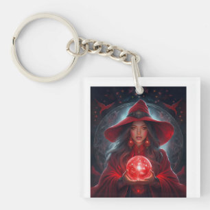 Porte-clefs Sorcière rouge avec boule de cristal et arrière-pl