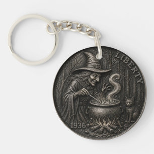 Porte-clefs Sorcière Vintage. Art de pièce de monnaie sculptée