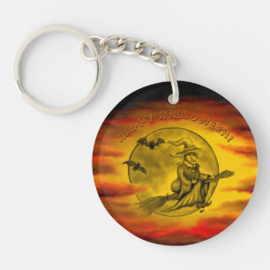 Porte-clefs Sorcière volante avec chat noir, nuit halloween