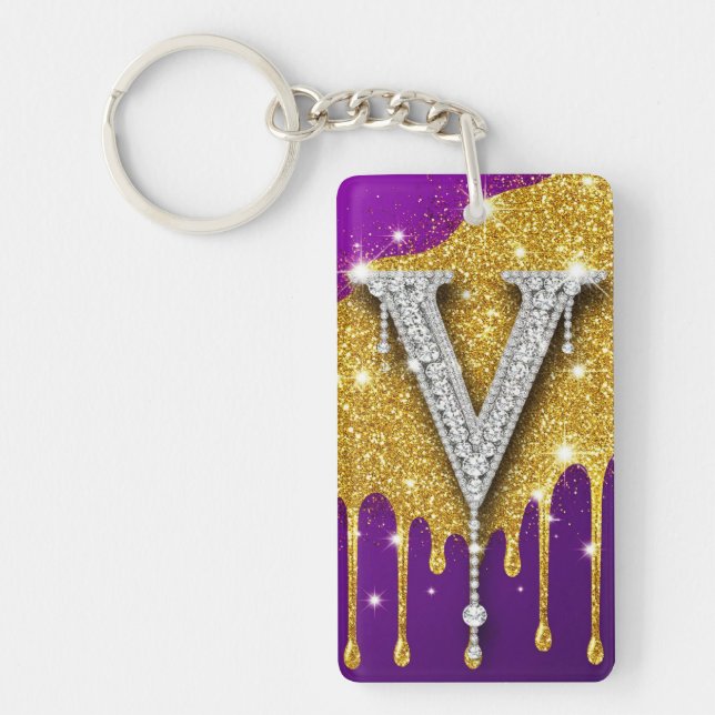 Porte-clefs Sparkling Letter V With Gold Glitter Drip (Devant)
