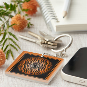 Porte-clefs Spirituel Noir Orange Mandala Géométrique Oriental