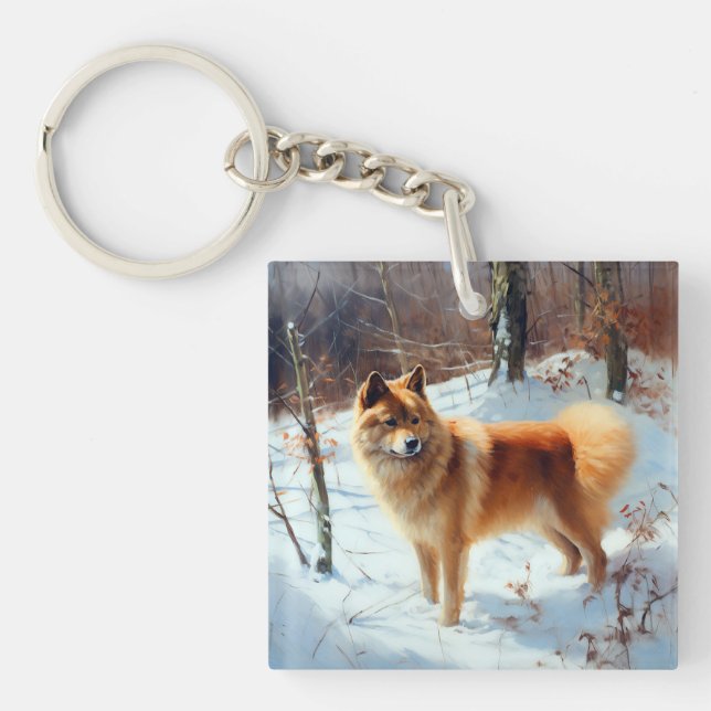 Porte-clefs Spitz Finlandais Laisser Neige Noël (Devant)