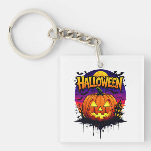 Porte-clefs Spooky Halloween Pumpkin Design with Moonlit Sky a