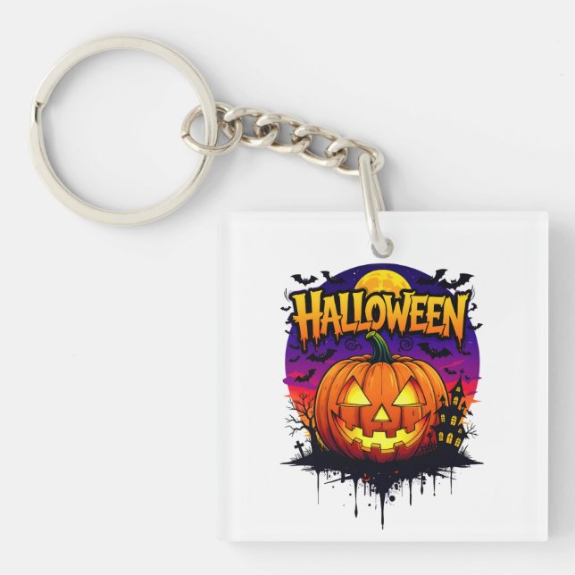 Porte-clefs Spooky Halloween Pumpkin Design with Moonlit Sky a (Devant)