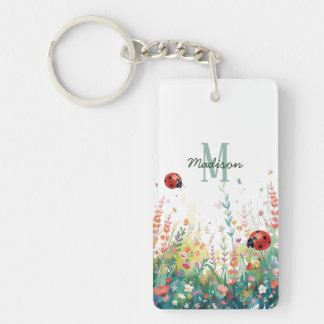 Porte-clefs Spring Watercolor ladybug Floral Monogram Wildflow