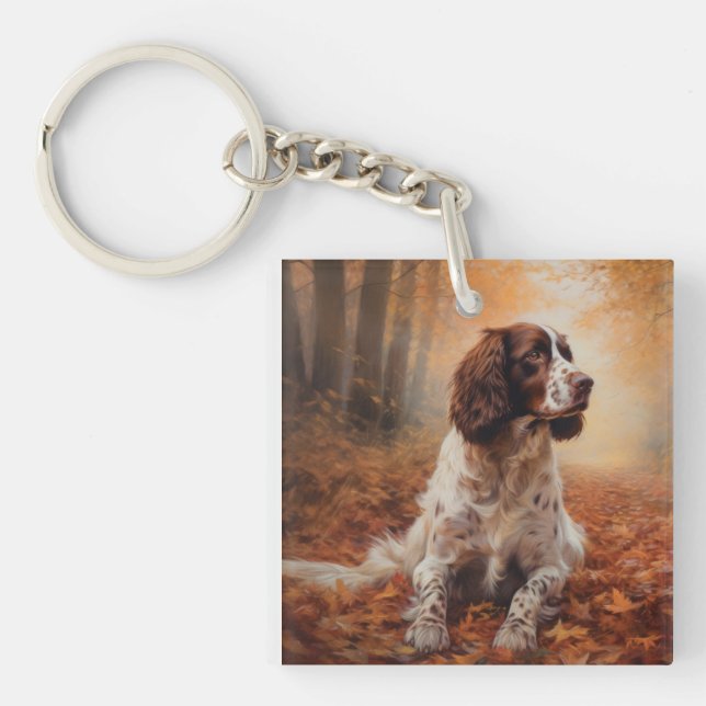 Porte-clefs Springer Spaniel dans les feuilles d'automne qui t (Devant)