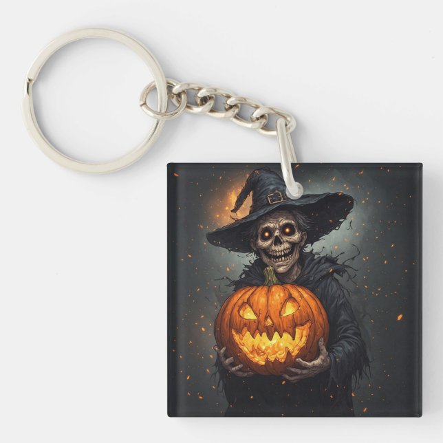 Porte-clefs Squelette de sorcière avec citrouille lumineuse Ha (Devant)