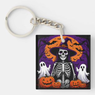 Porte-clefs Squelette de sorcière effrayant Citrouilles Lune H