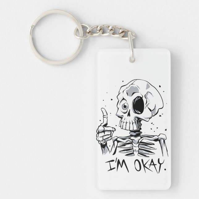Porte-clefs Squelette drôle avec le message 'Je vais bien' (Devant)