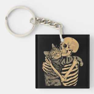 Porte-clefs Squelette qui étreint un chat – Cadeau mignon pour