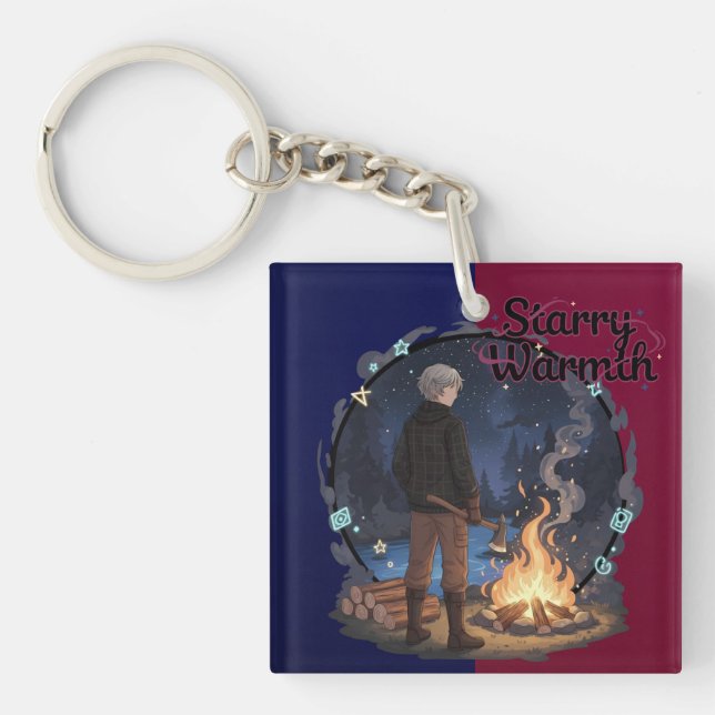Porte-clefs Starry Warmth - Lumberjack Anime Boy by Campfire (Devant)