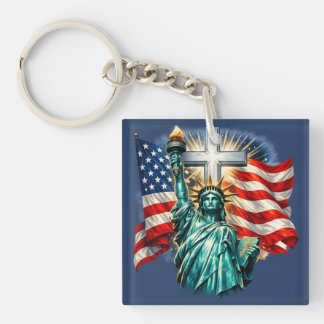 Porte-clefs Statue de la Liberté avec drapeaux et croix