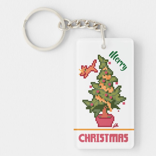 Porte-clefs stealing cat, tree, Pixel Art, Merry Christmas (Devant)