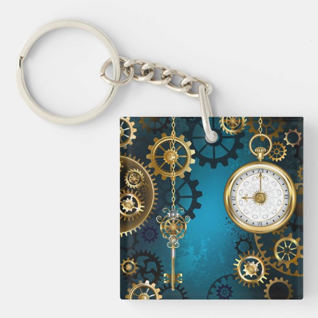 Porte-clefs Steampunk Arrière - plan turquoise avec Gears (Devant)