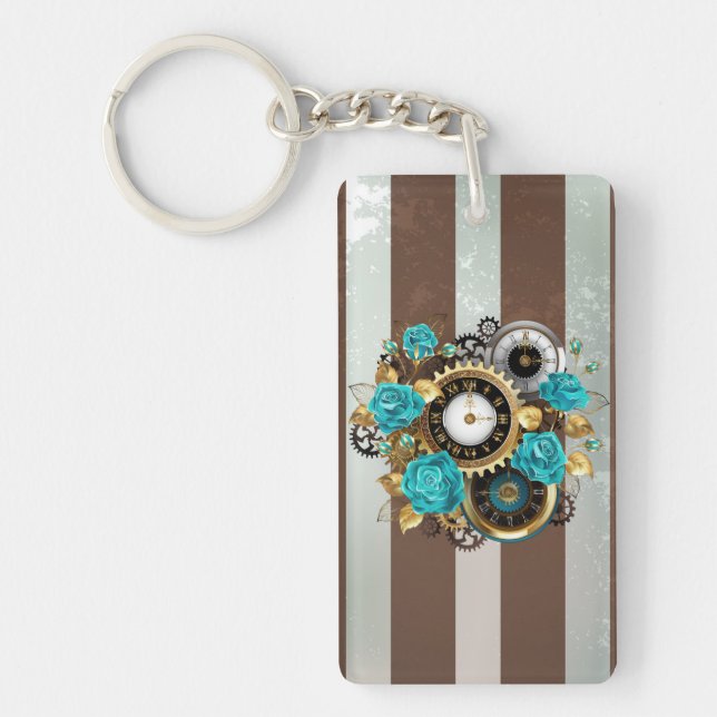 Porte-clefs Steampunk Clock and Turquoise Roses on Striped (Devant)
