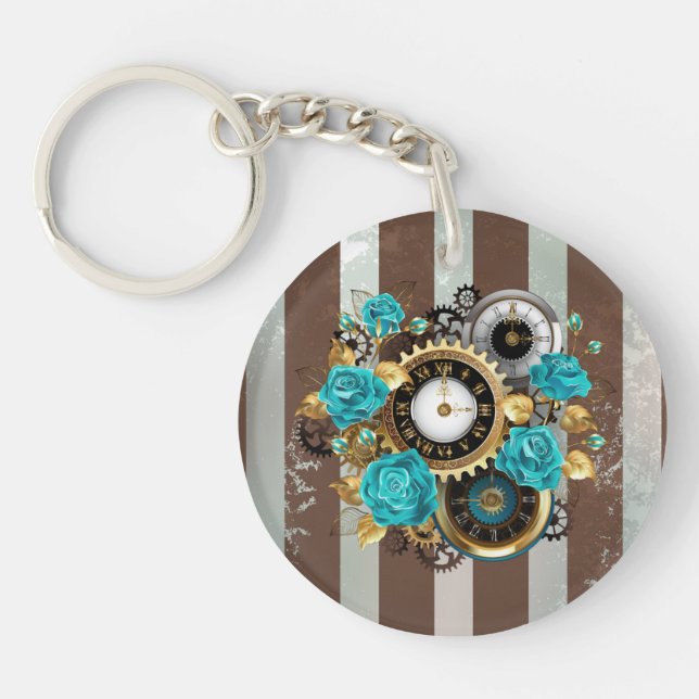 Porte-clefs Steampunk Clock and Turquoise Roses on Striped (Devant)