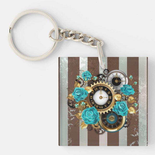 Porte-clefs Steampunk Clock and Turquoise Roses on Striped (Devant)