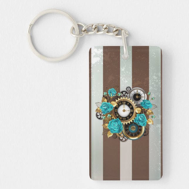 Porte-clefs Steampunk Clock and Turquoise Roses on Striped (Devant)