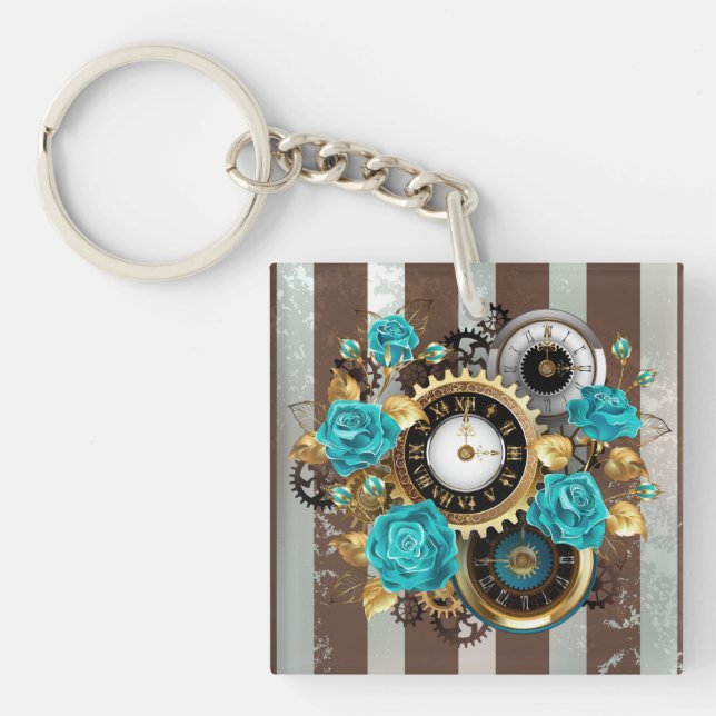 Porte-clefs Steampunk Clock and Turquoise Roses on Striped (Devant)