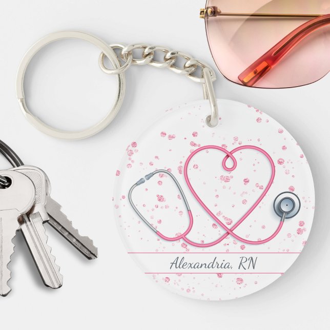 Porte-clefs Stéthoscope de coeur rose sur Monogramme de Partie (Créateur téléchargé)