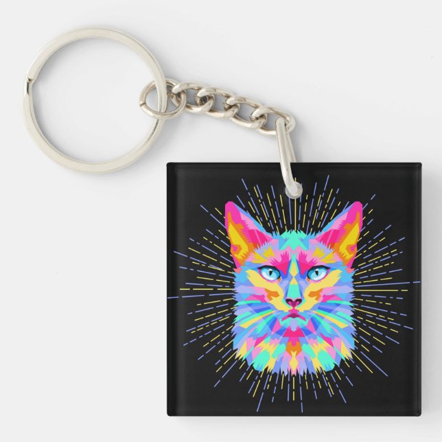 Porte-clefs Sticker pour chat psychédélique, étanche (Devant)