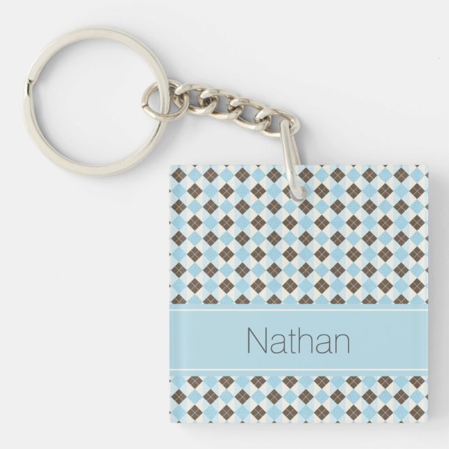 Porte-clefs Stylish Blue and Brown Personalised Argyle Pattern (Devant)