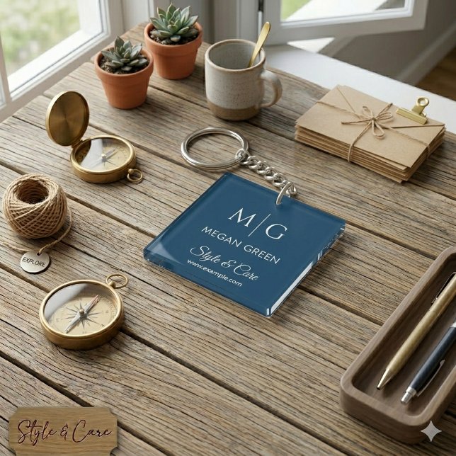 Porte-clefs Stylish Custom Text Name and Brand Display Navy (Stylish Custom Text Name and Brand Display Navy Keychain)