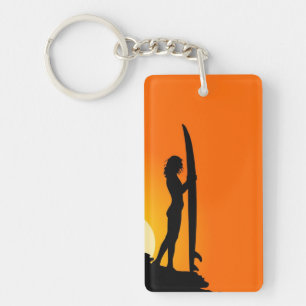 Porte-clefs Sunset Surfer Girl avec planche de surf