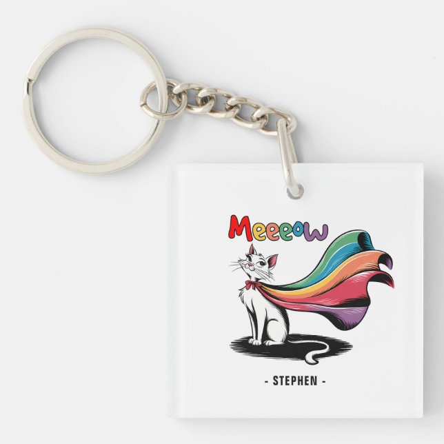 Porte-clefs Super Cat Meeeow - Rainbow Cape Pride Cat (Devant)