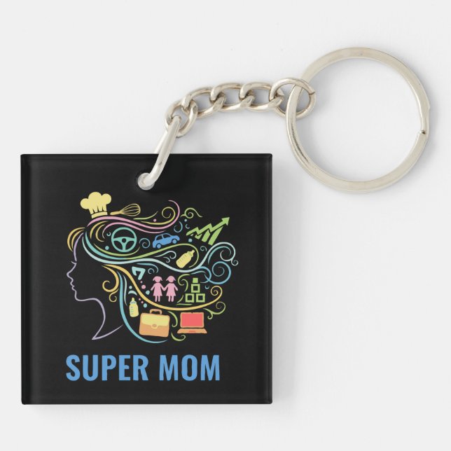 Porte-clefs Super Maman Multiples Casquettes Graphique Rétro C (Dos)