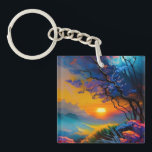 Porte-clefs Superbe lever de soleil sur l'étang<br><div class="desc">arbre à fleurs coloré bleu et violet Beau lever de soleil à l'horizon sur l'étang herbes colorées AI ART créé par minx267</div>