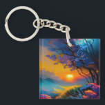 Porte-clefs Superbe lever de soleil sur l'étang<br><div class="desc">arbre à fleurs coloré bleu et violet Beau lever de soleil à l'horizon sur l'étang herbes colorées AI ART créé par minx267</div>