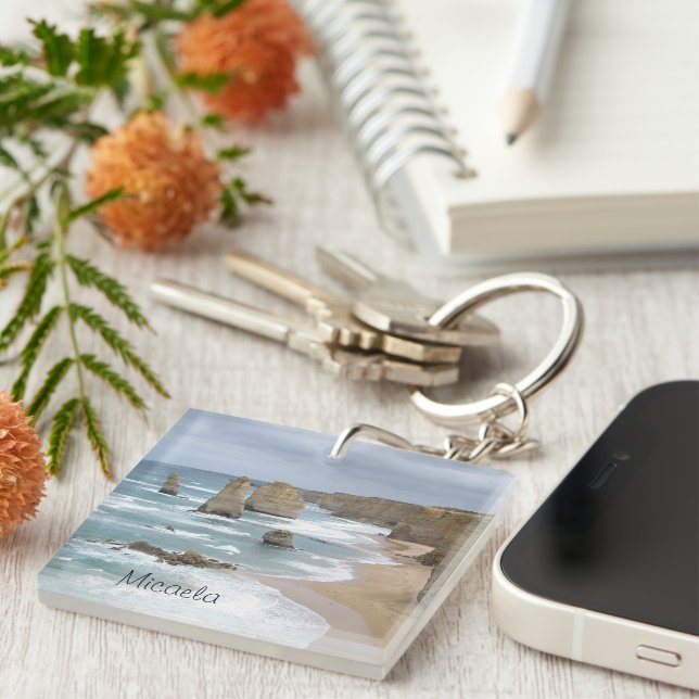 Porte-clefs Surf blanc multicouleur personnalisé avec sable (Devant Droit)