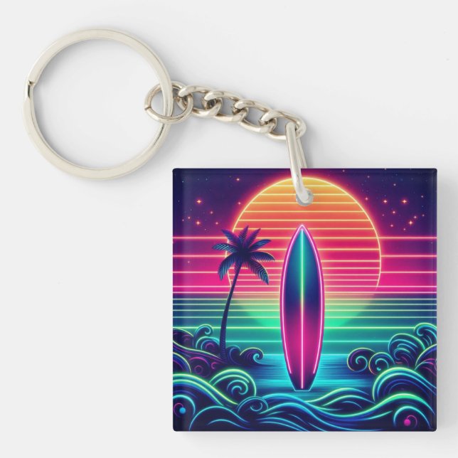 Porte-clefs Surfer sur le coucher de soleil néon (Devant)