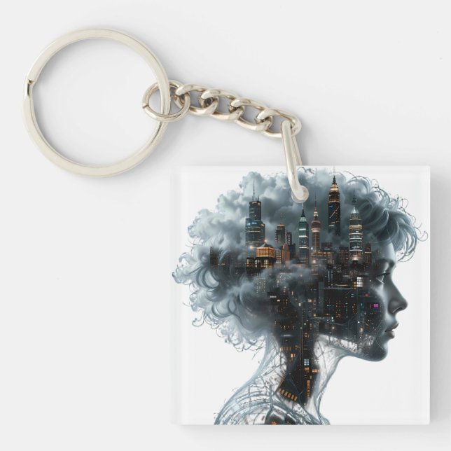Porte-clefs Surreal Mindscape: City within a Woman's Head (Devant)