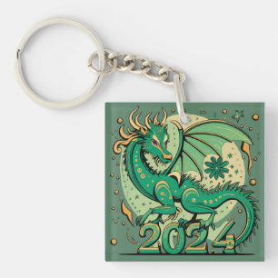 Porte-clefs Symbole 2024 Nouvel An, Dragon de Bois Vert