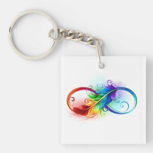 Porte-clefs Symbole d'infini avec plume arc-en-ciel