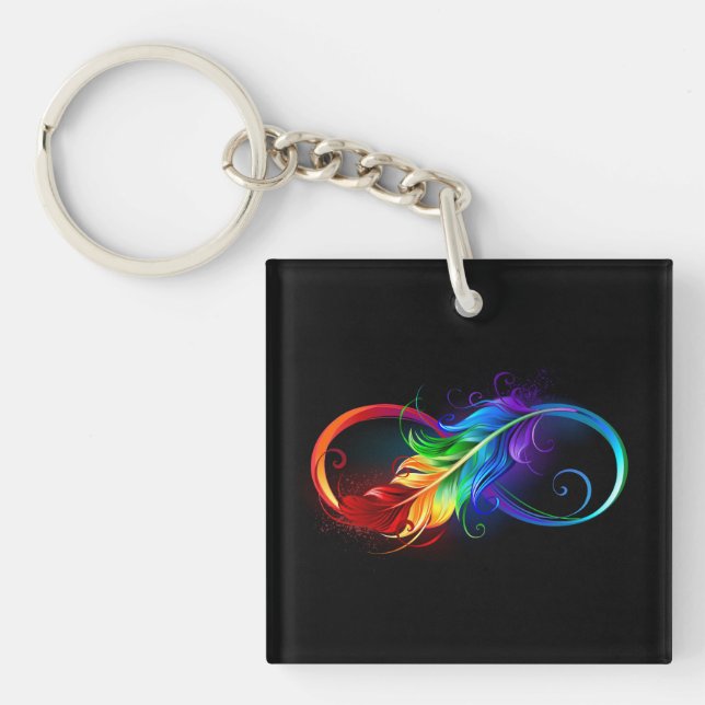 Porte-clefs Symbole d'infini avec plume arc-en-ciel (Devant)